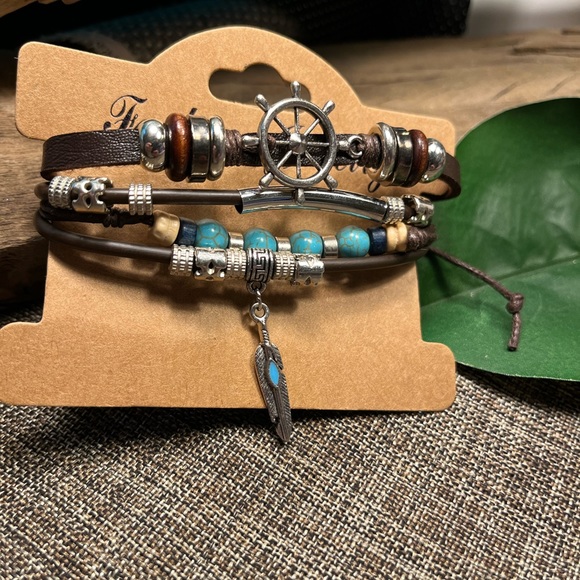 2305-PCM Turquoise, Silver, & Wooden Beads, Pendants Leather 4 Layer Bracelet - Picture 11 of 12